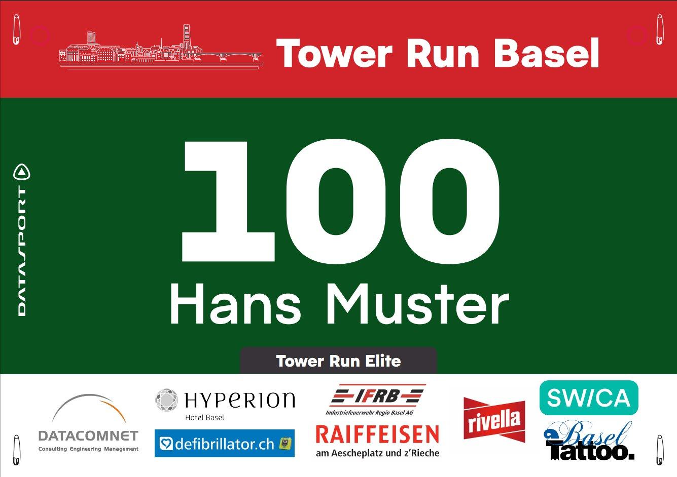 Muster einer Tower Run Basel Startnummer mit Partnerlogos